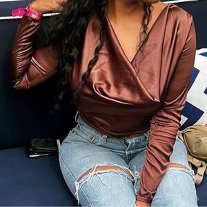 Satin Wrap Long-Sleeve Top in Bronze